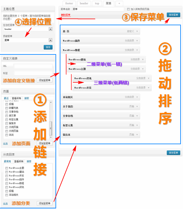 wordpress添加链接和设置菜单